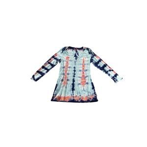 IDI Blue Coral Tie Dye Long Sleeve V-Neck Top Women's Size Small
